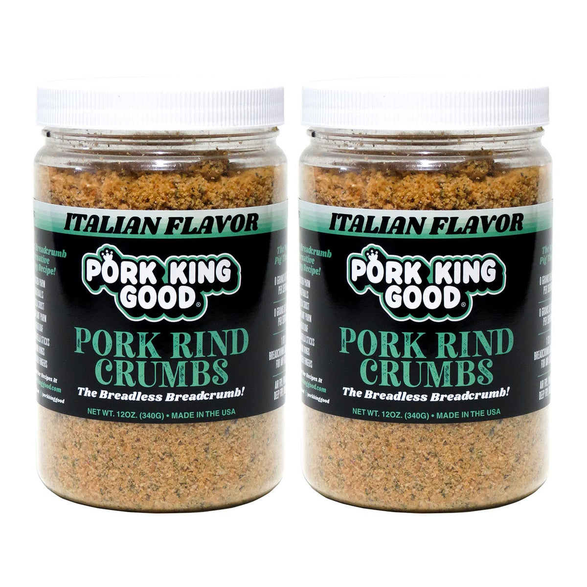 Pork King Good pork rind crumbs jar front showcases zero-carb breading base.