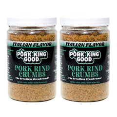Pork King Good pork rind crumbs jar front showcases zero-carb breading base.