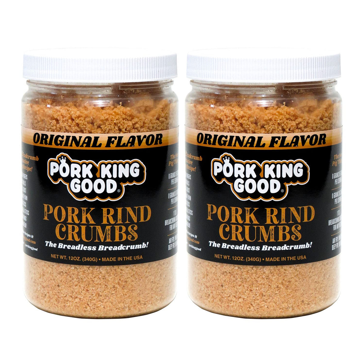 Pork King Good pork rind crumbs jar close-up for keto-friendly breading option