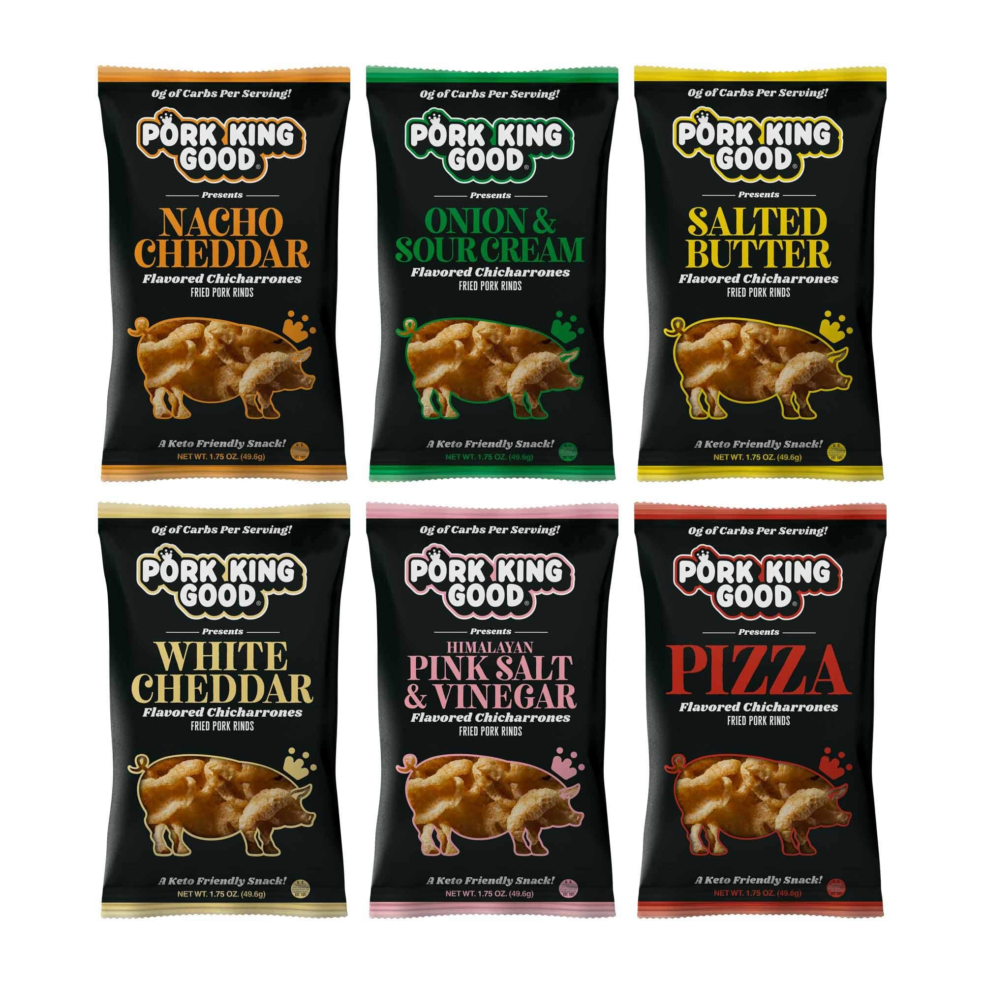 Pork King Good pork rinds variety six-pack on a tidy setup for keto snacking.
