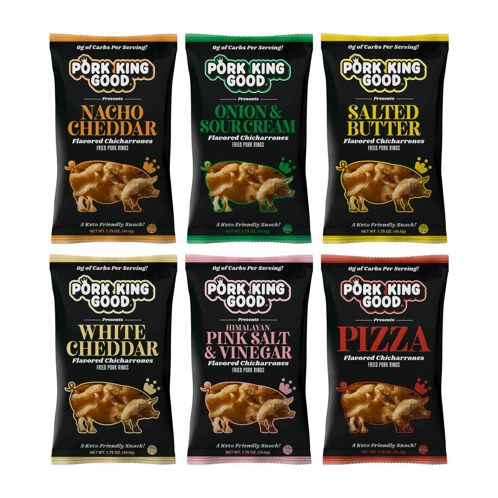 Pork King Good pork rinds variety six-pack on a tidy setup for keto snacking.