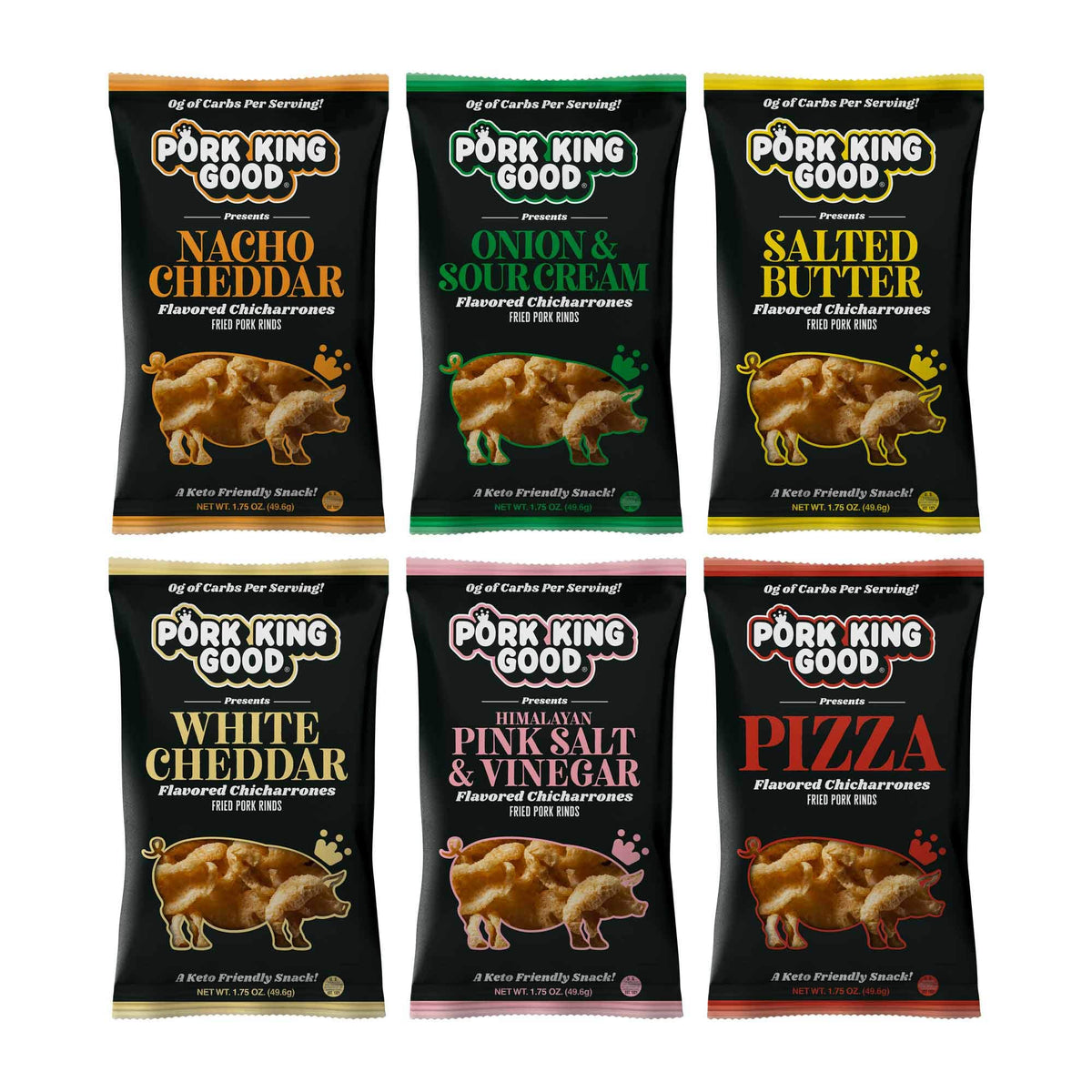 Pork King Good pork rinds variety six-pack on a tidy setup for keto snacking.