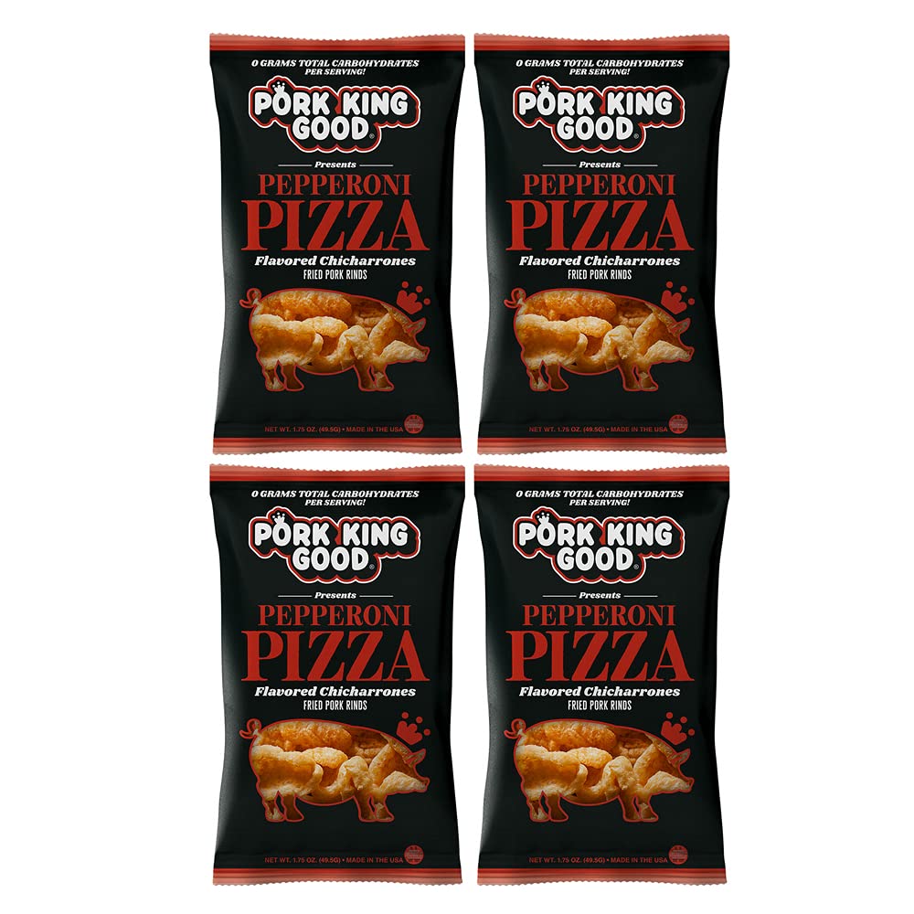 Four-pack display of Pork King Good chicharrones arranged for quick, portable snacking.