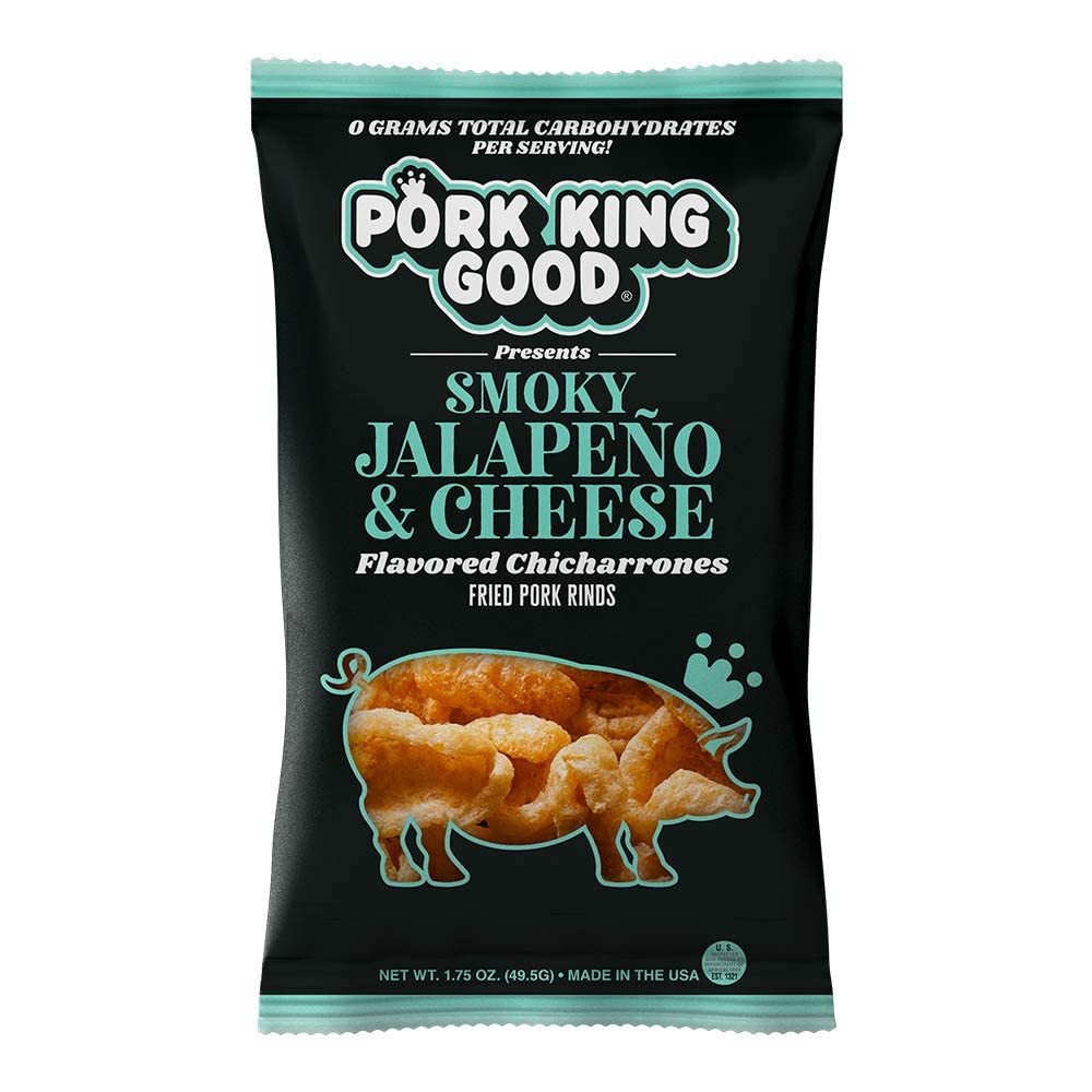 Pork King Good Smoky Jalapeño & Cheese pork rinds bag delivers keto-friendly flavor.