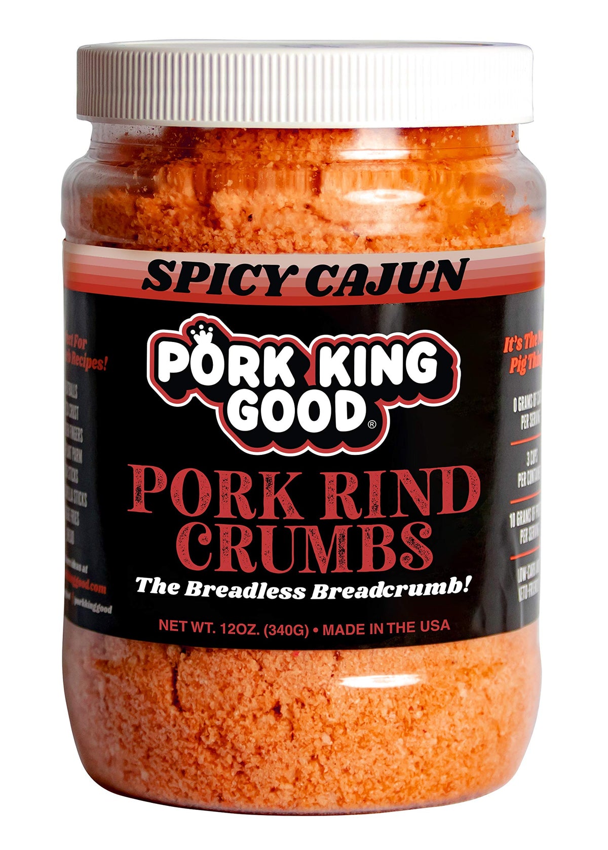 Pork King Good Spicy Cajun Crumbs in a jar for keto-friendly meals