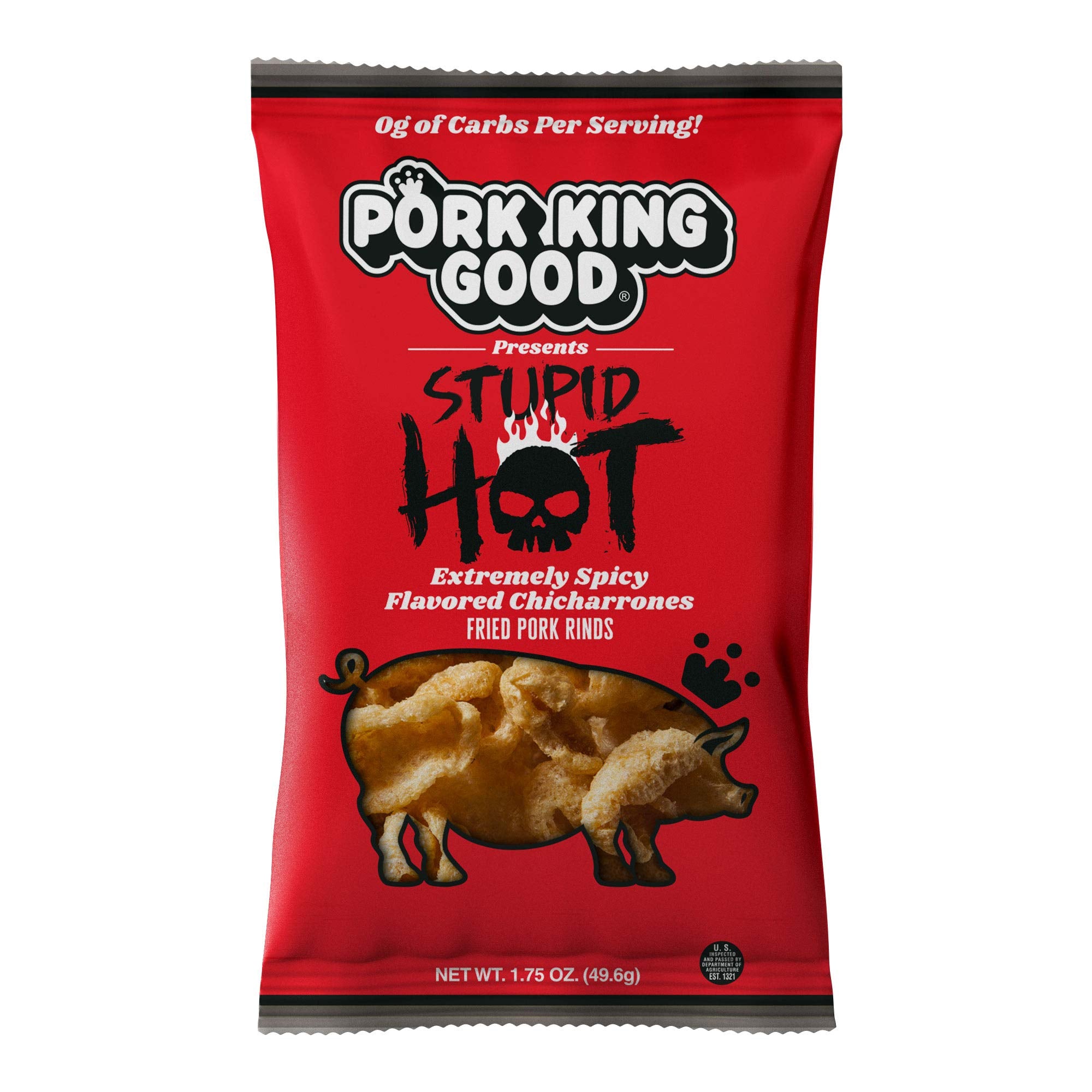Pork King Good Stupid Hot pork rinds 4-pack front, ideal on-the-go keto snack.