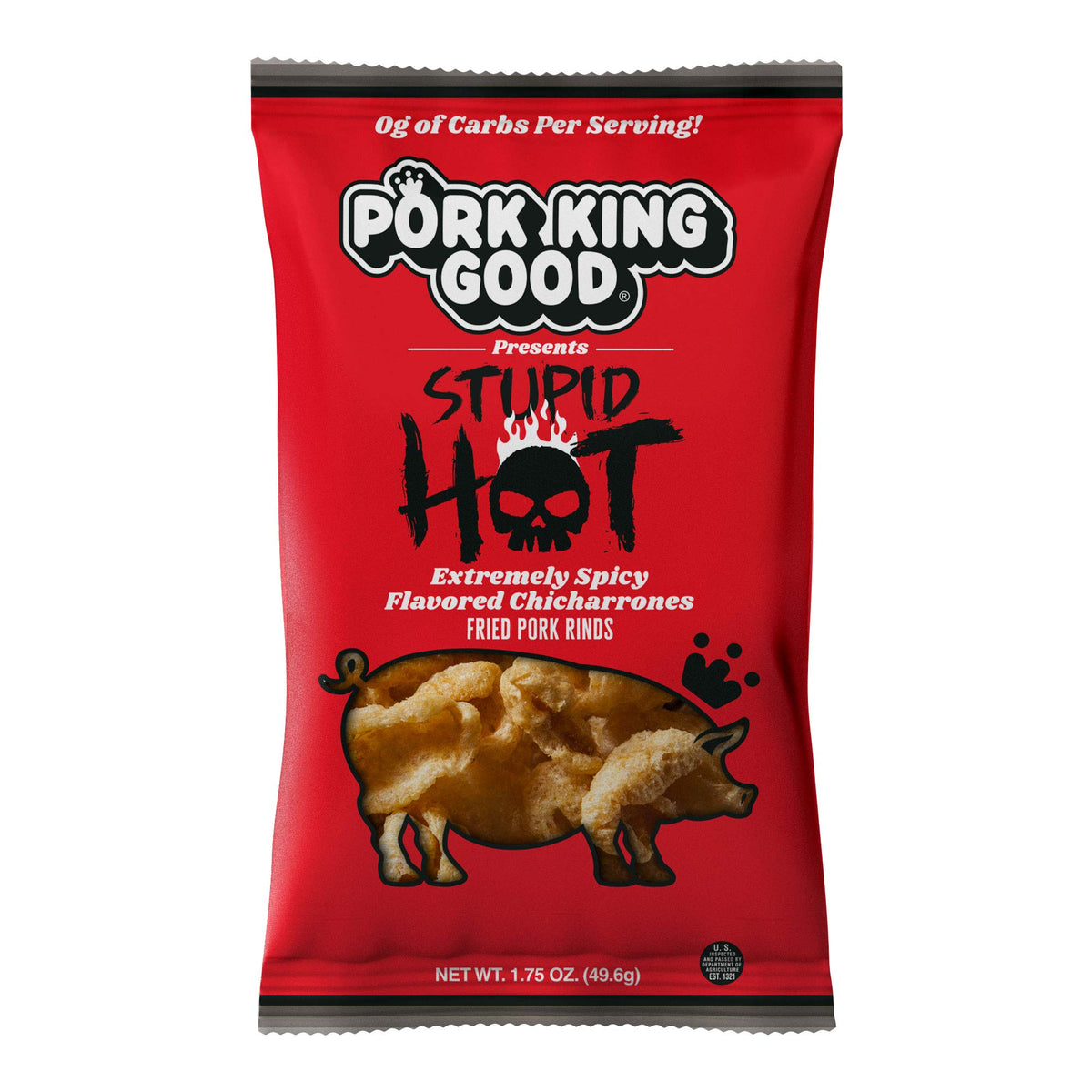 Pork King Good Stupid Hot pork rinds 4-pack front, ideal on-the-go keto snack.