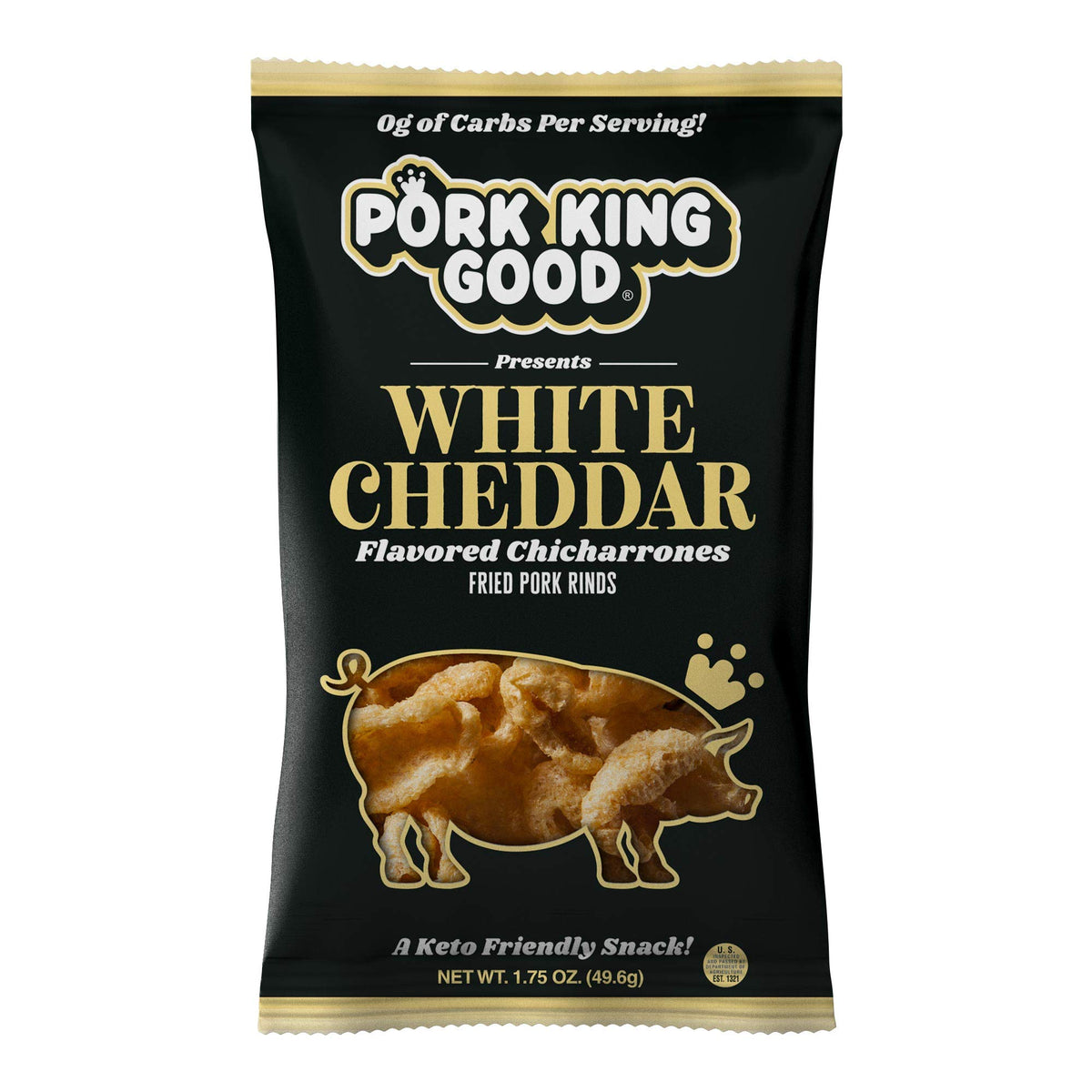 Pork King Good White Cheddar pork rinds front packaging with crispy, premium flavor