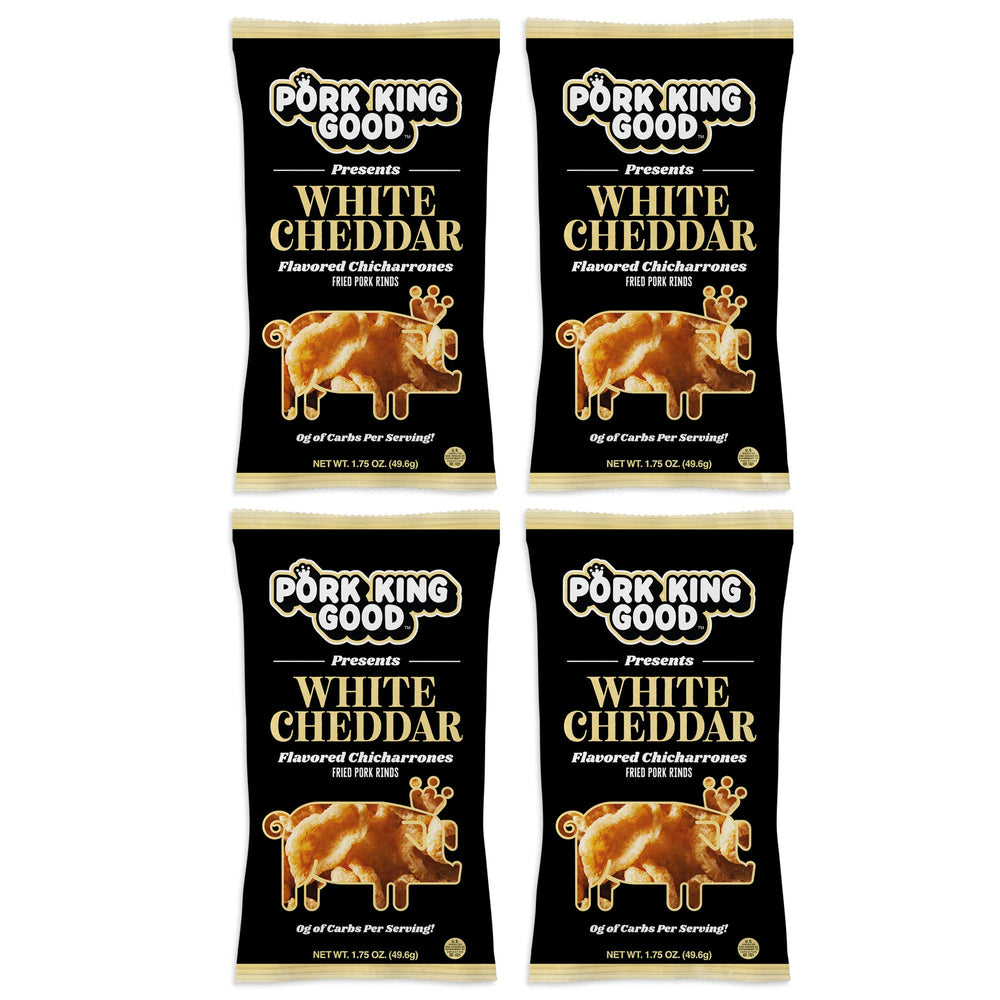 Pork King Good White Cheddar pork rinds bag pouring texture and aroma