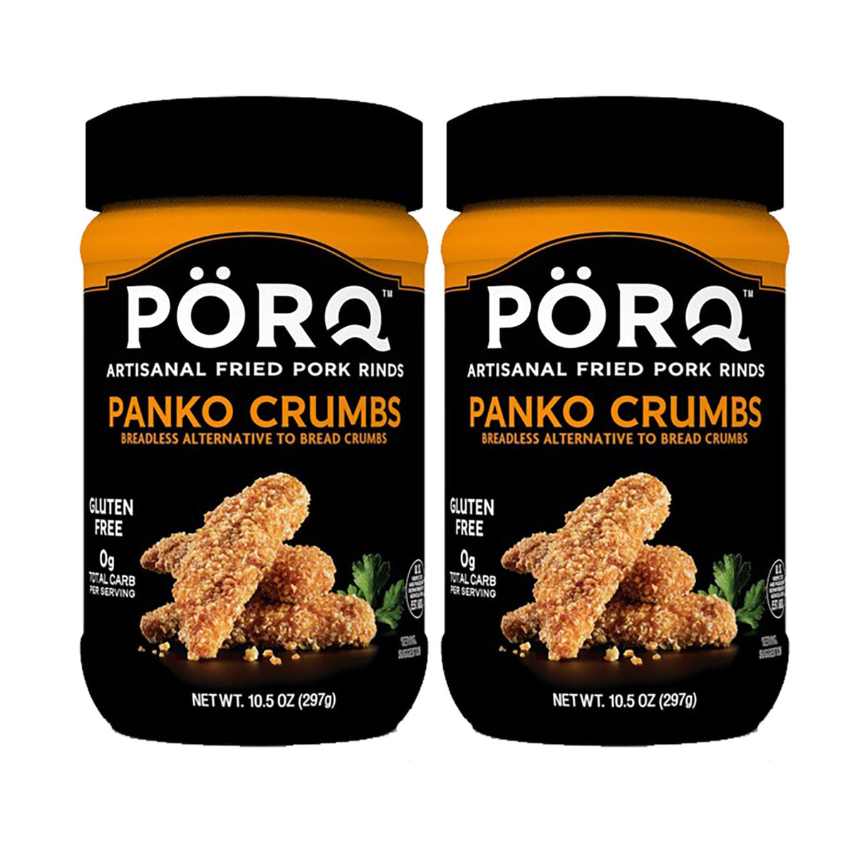 porq Panko Crumbs bottle close-up for gluten-free, keto-friendly coating.
