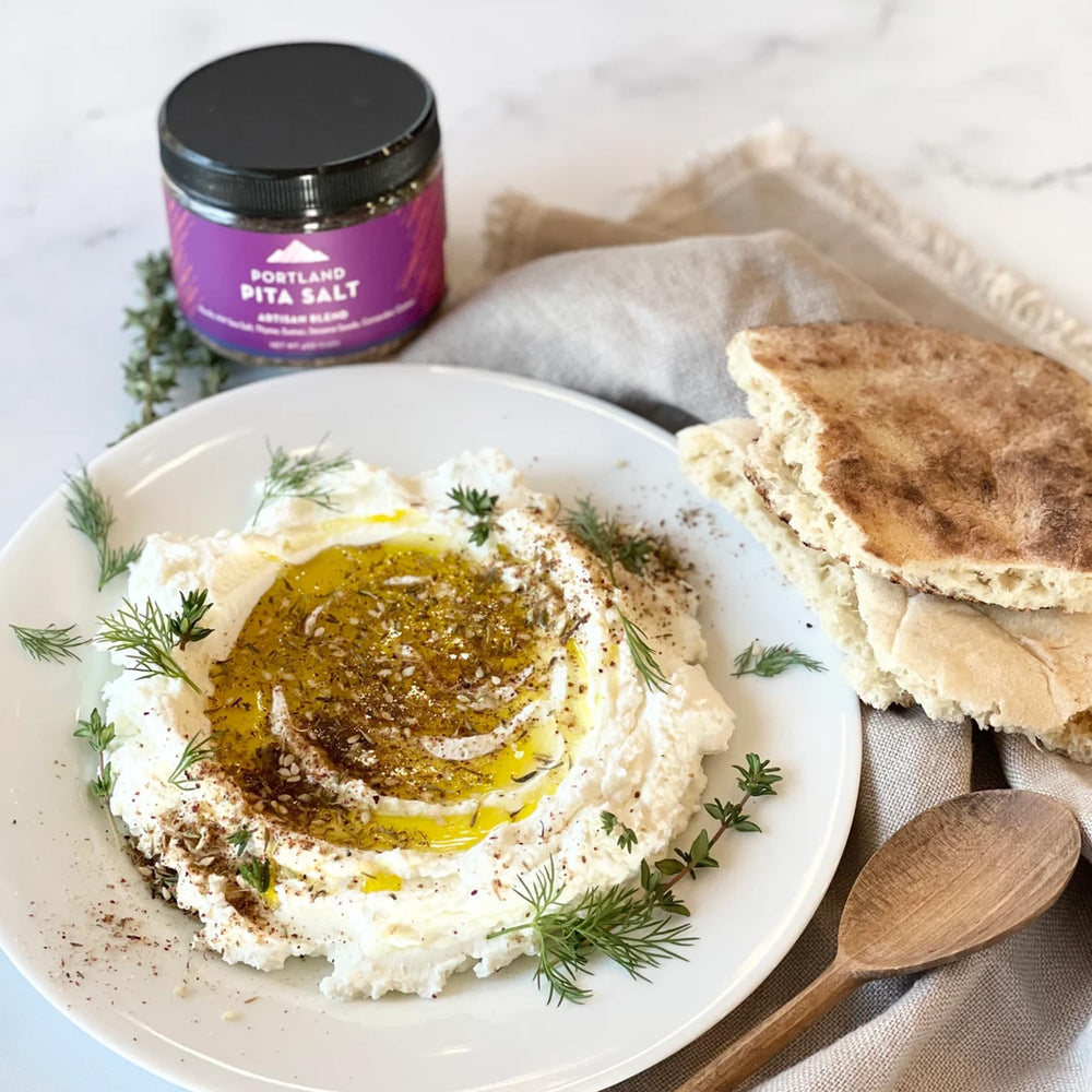Closeup texture of Portland Salt Co Za’atar blend showing sesame seeds and thyme