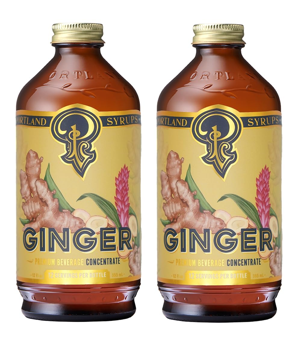 Portland Syrups Authentic Ginger Syrup bottle close-up showing bold ginger flavor.