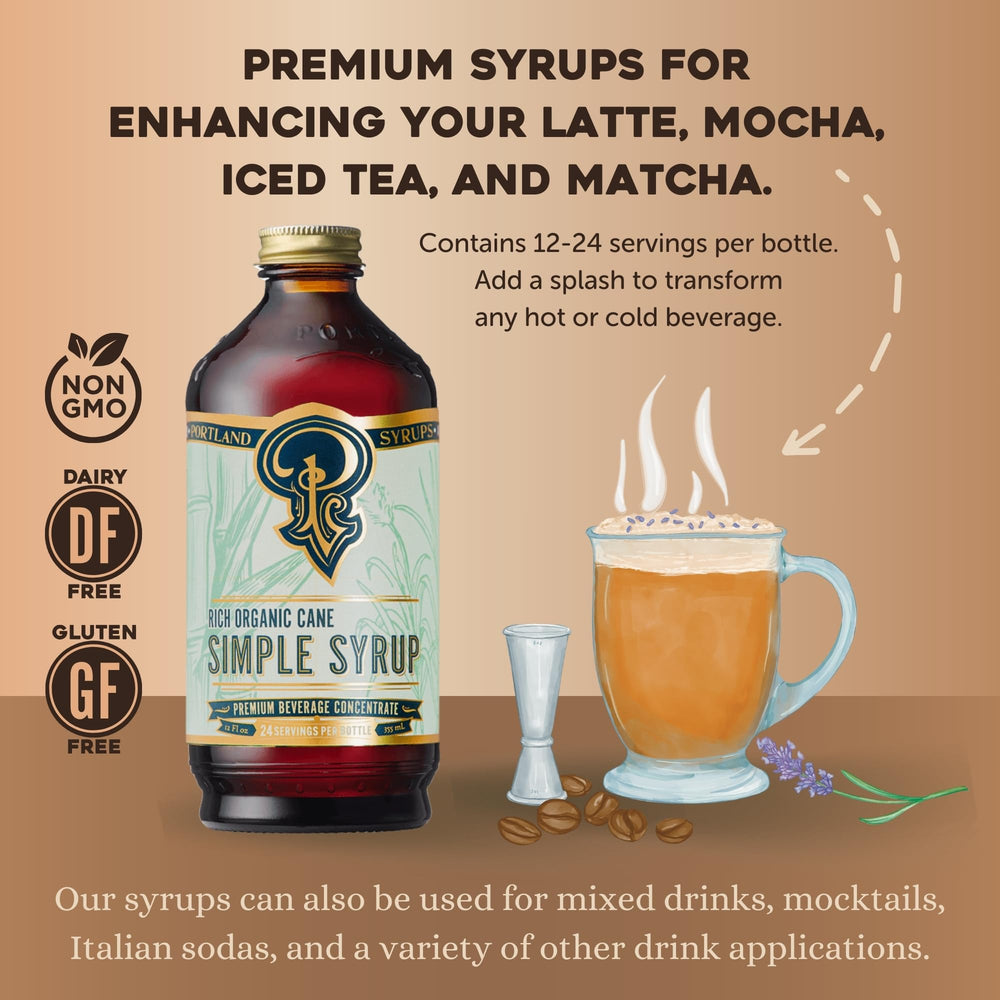 Portland Syrups bottle beside coffee cup signaling premium hand-brewed quality