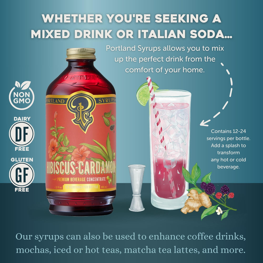 Portland Syrups Hibiscus Cardamom ingredients featuring hibiscus and cardamom