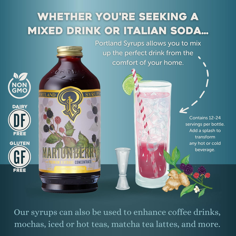 Portland Syrups Marionberry Syrup glass showcasing color and aroma notes.
