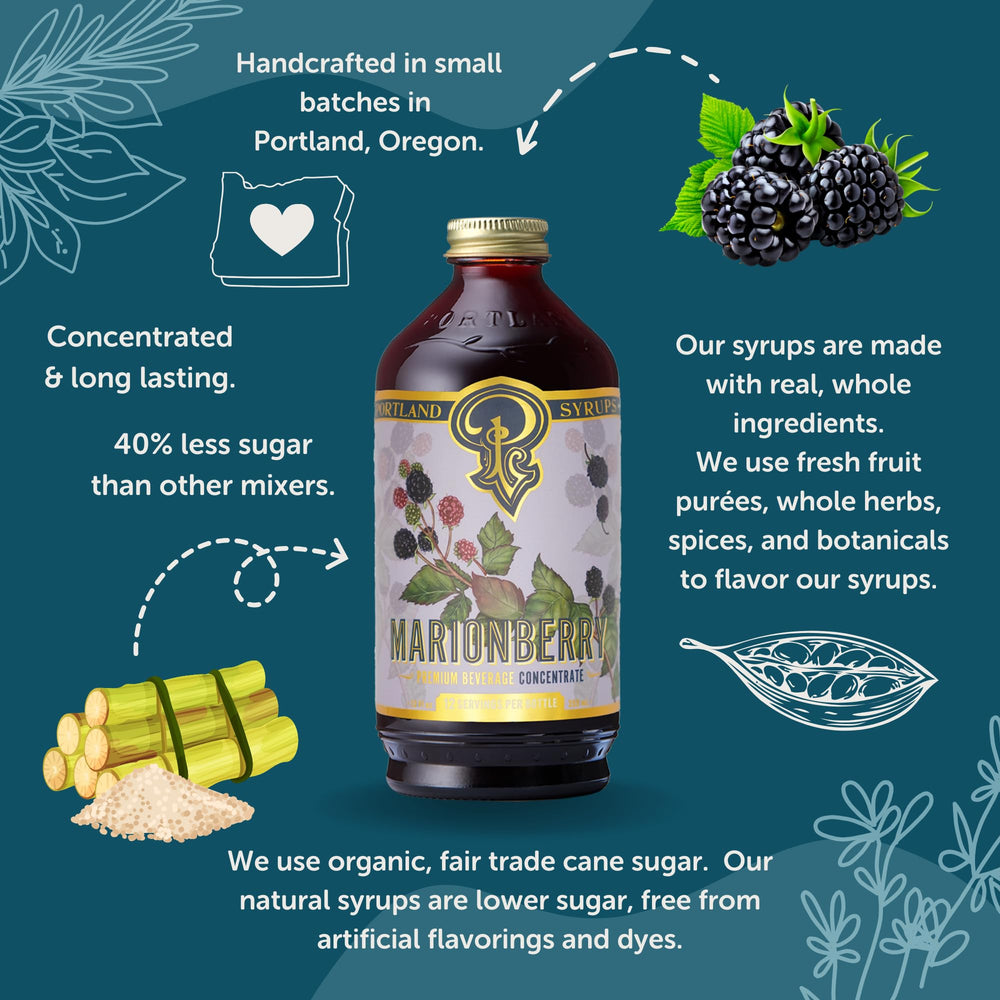 Portland Syrups Marionberry Syrup ingredients highlighting real berries and herbs.