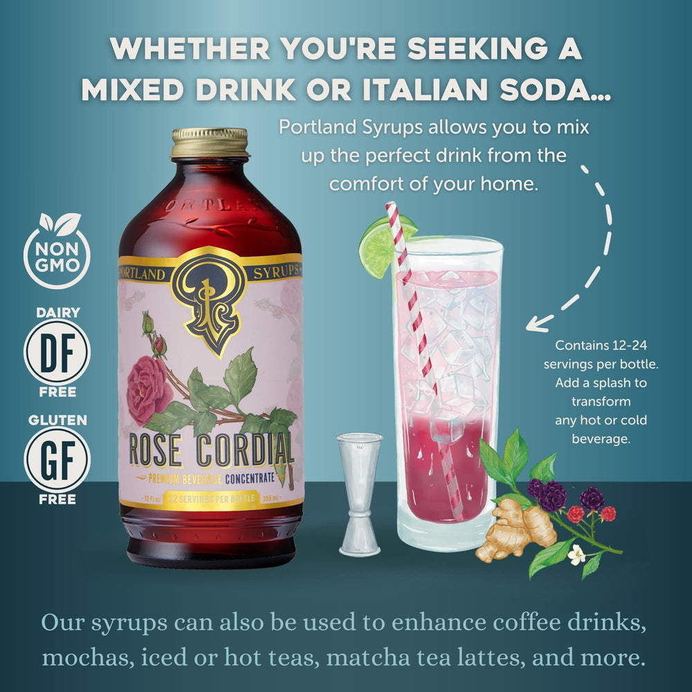 Portland Syrups Rose Cordial Syrup in a cocktail glass with citrus twist and garnish