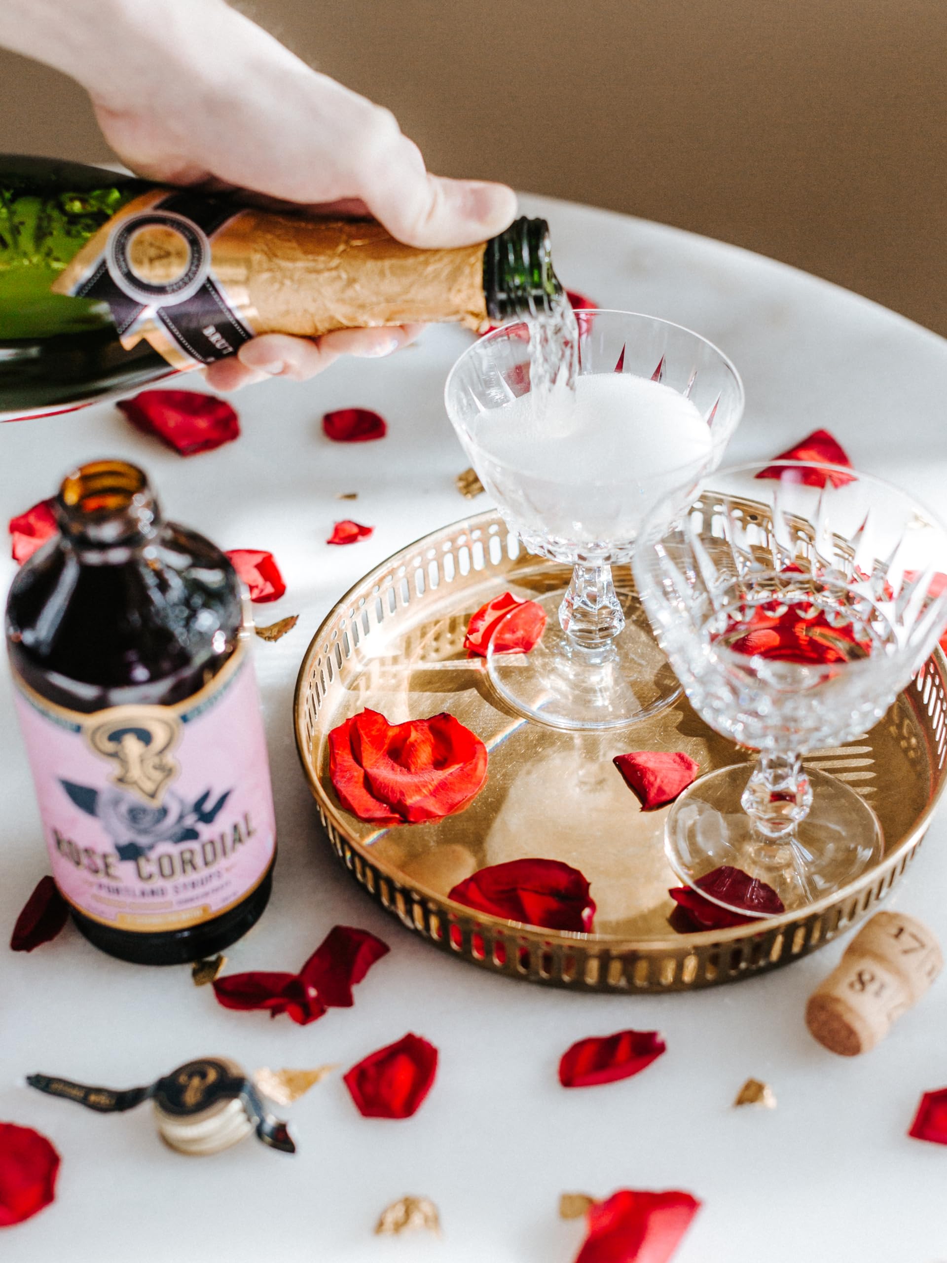 Portland Syrups Rose Cordial Syrup ingredients display with rose petals for depth of flavor