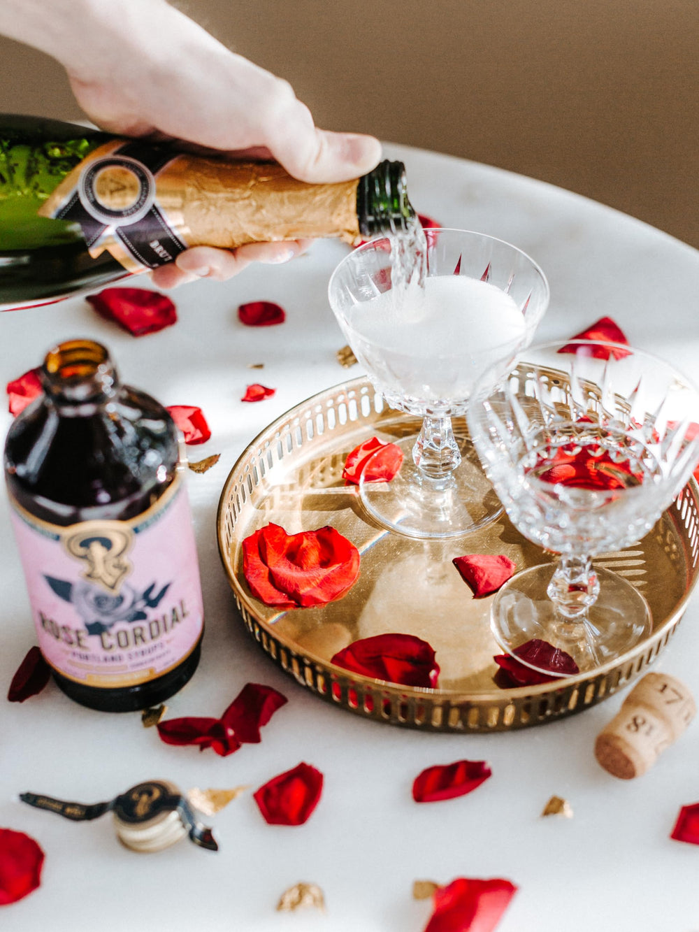 Portland Syrups Rose Cordial Syrup ingredients display with rose petals for depth of flavor