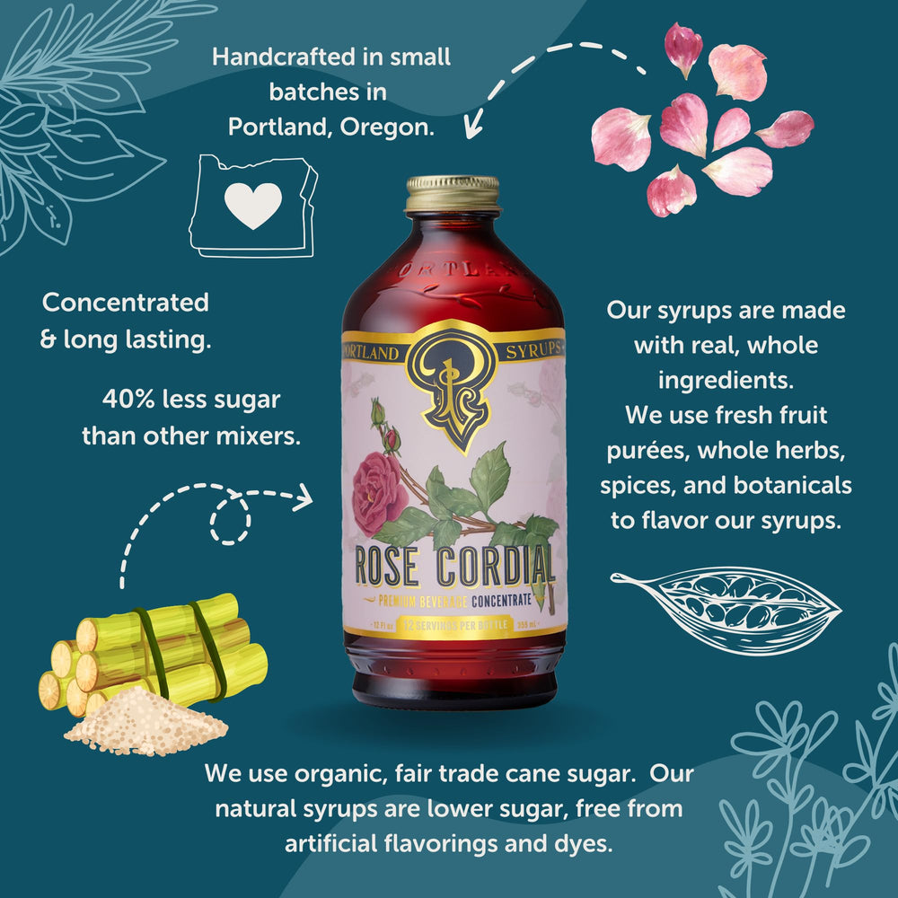 Portland Syrups Rose Cordial Syrup bottle beside ingredients highlighting natural flavor