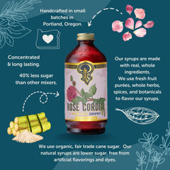 Portland Syrups Rose Cordial Syrup bottle beside ingredients highlighting natural flavor