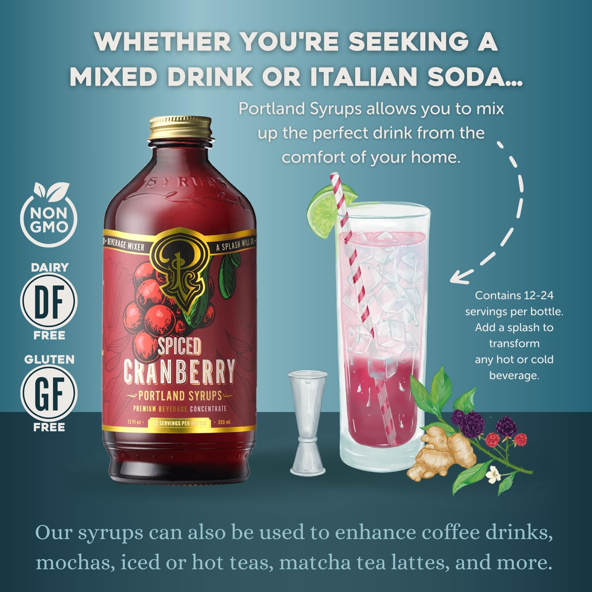 Portland Syrups Spiced Cranberry Syrup in a glass, elevating holiday cocktails.