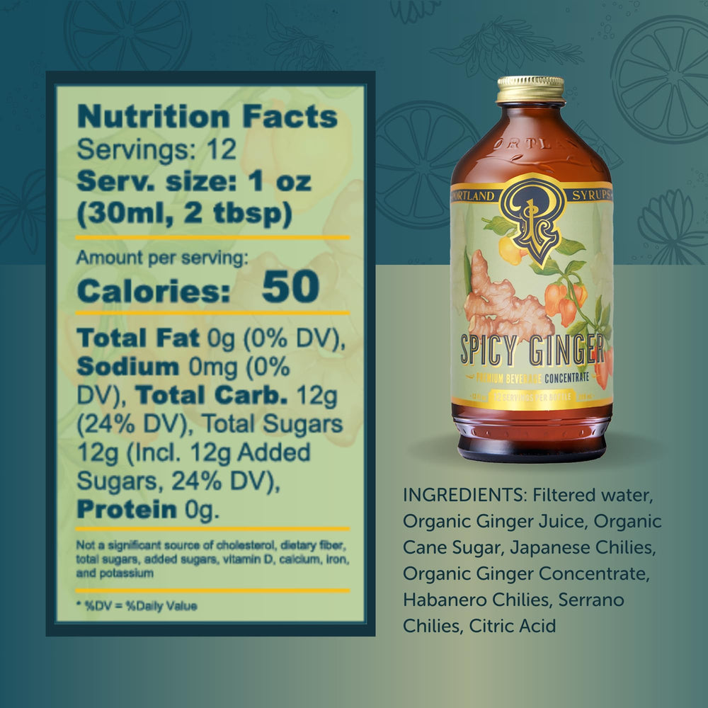 Portland Syrups Spicy Ginger Syrup ingredients closeup with whole ginger and chilies for flavor depth
