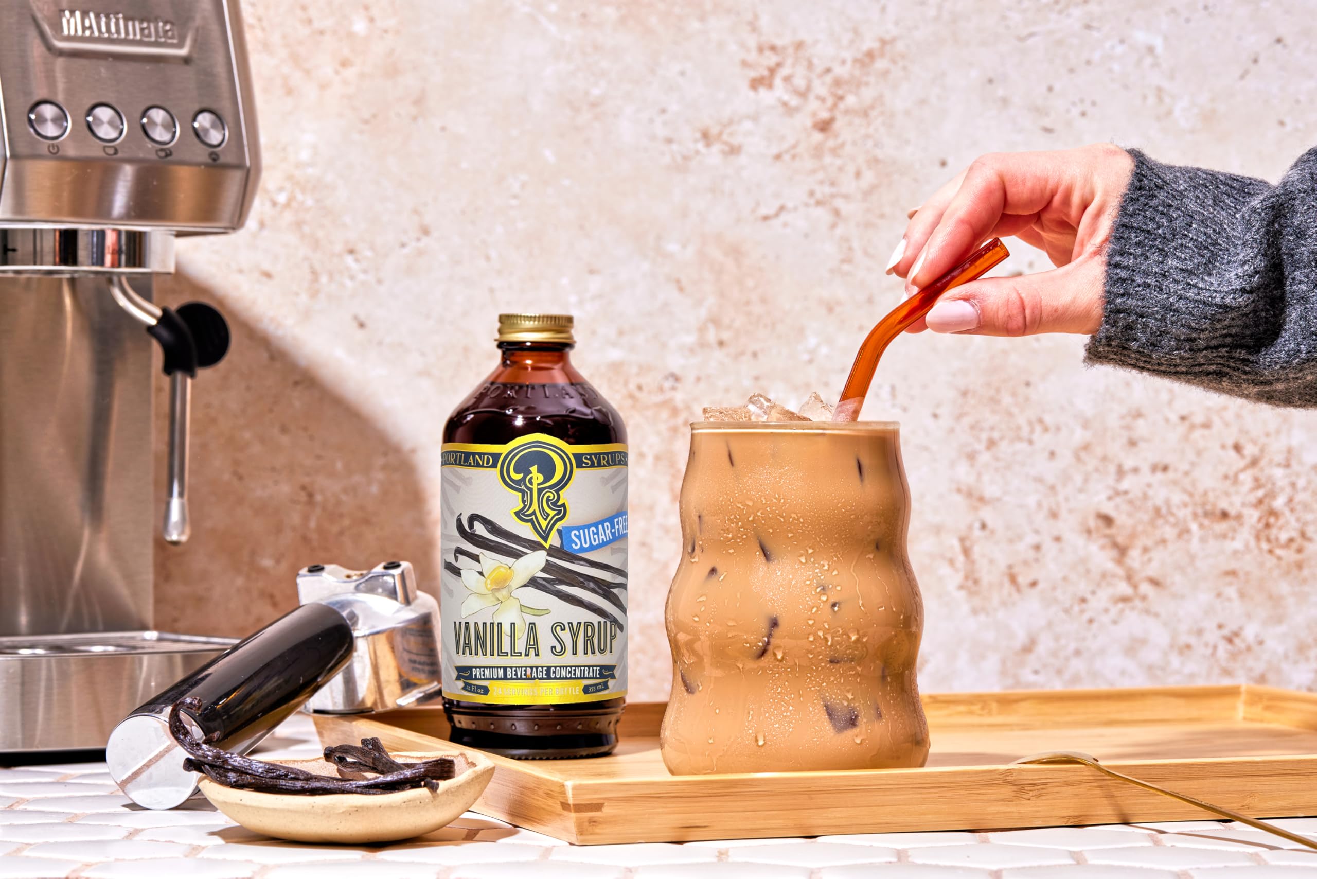 Portland Syrups Sugar-Free Vanilla Syrup drizzle over a dessert for a versatile vanilla finish.