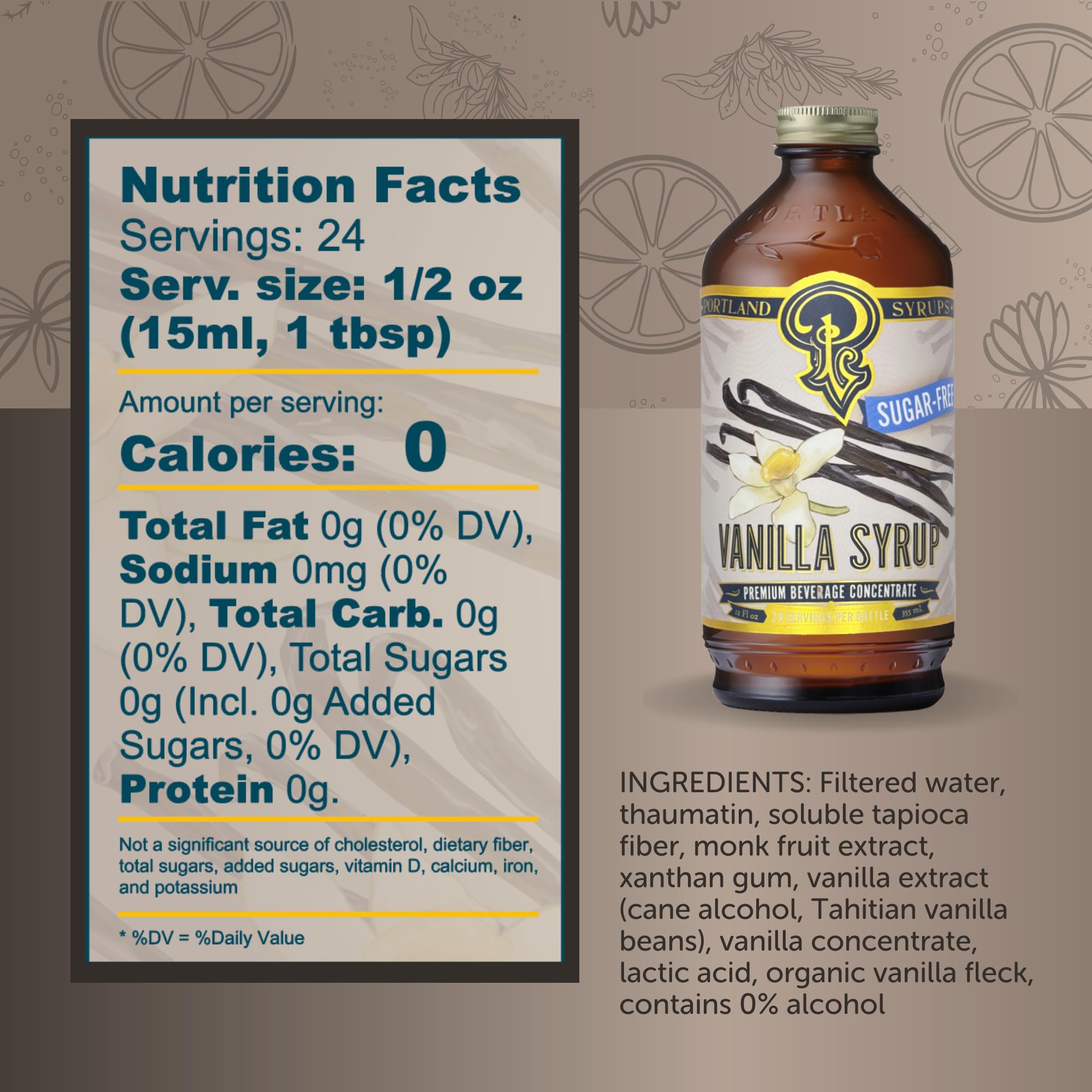 Portland Syrups Sugar-Free Vanilla Syrup bottle beside a latte creation for creamy vanilla notes.