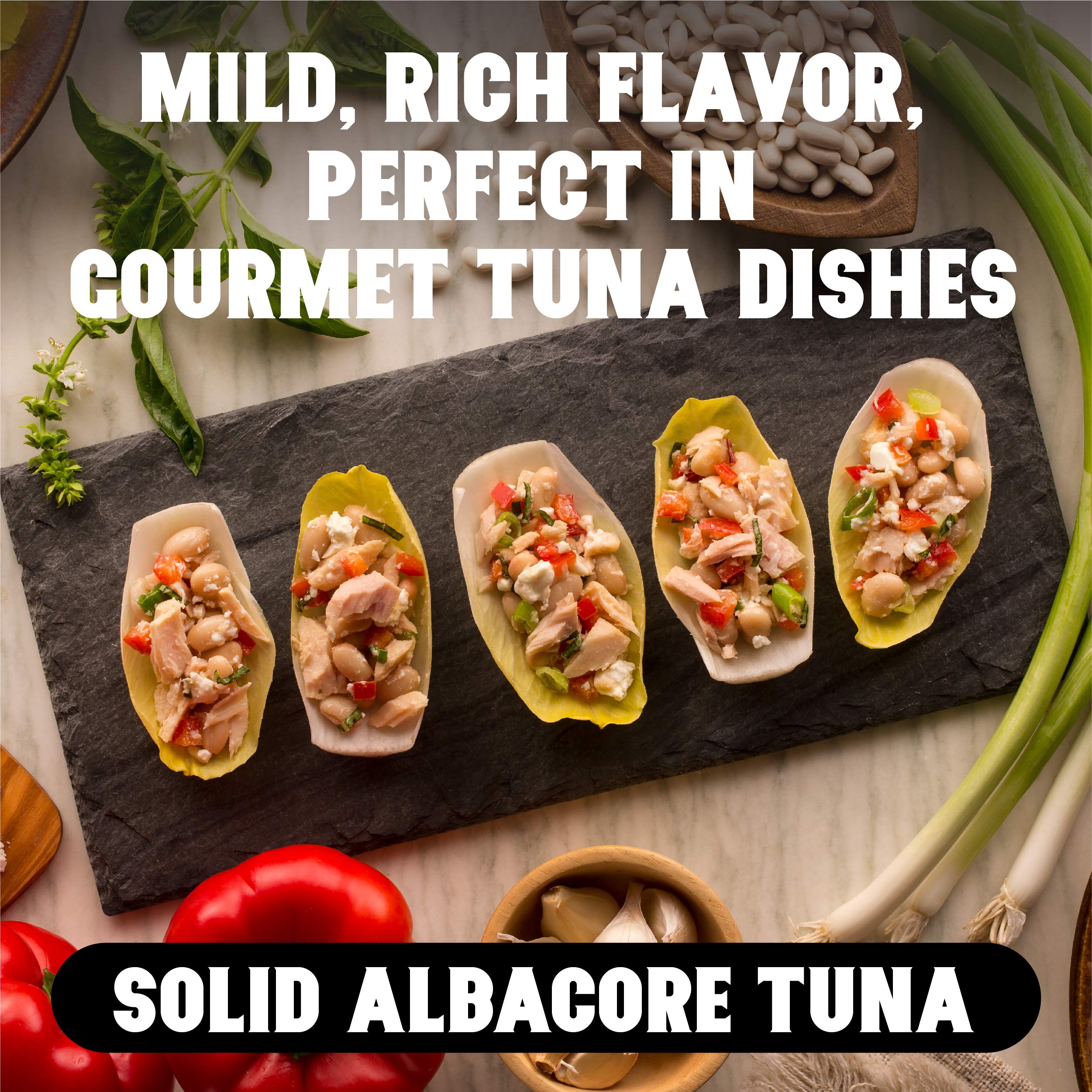 Portofino tuna with dolphin-safe certification and sea salt accent.
