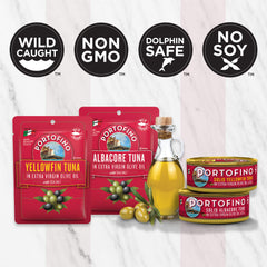 Portofino label confirms gluten-free and soy-free options for dietary choices.