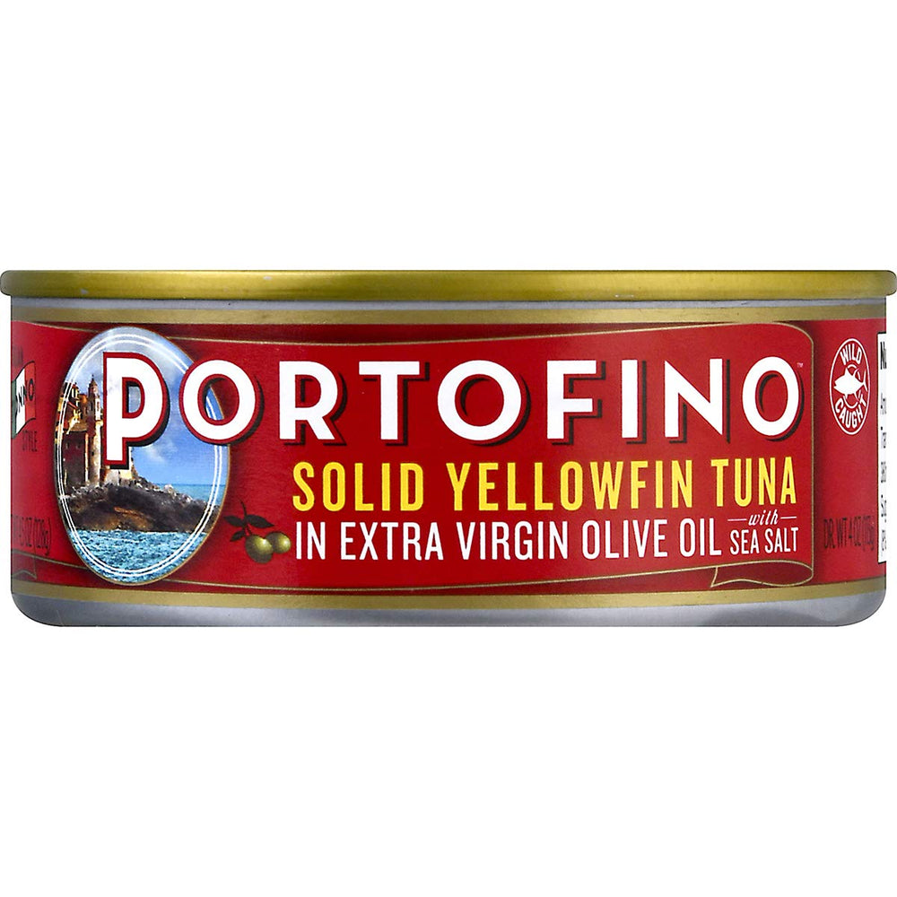 Portofino yellowfin tuna in olive oil can pack twelve for pantry convenience.