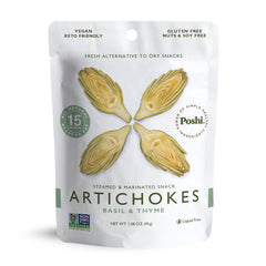 Poshi artichoke hearts with basil and thyme, on-the-go vegan gluten-free snack.
