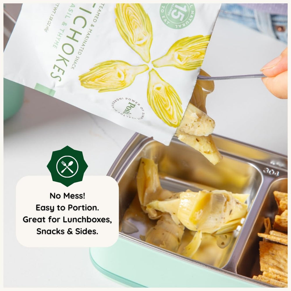 Poshi artichoke hearts label detail, non-GMO and gluten-free attributes.
