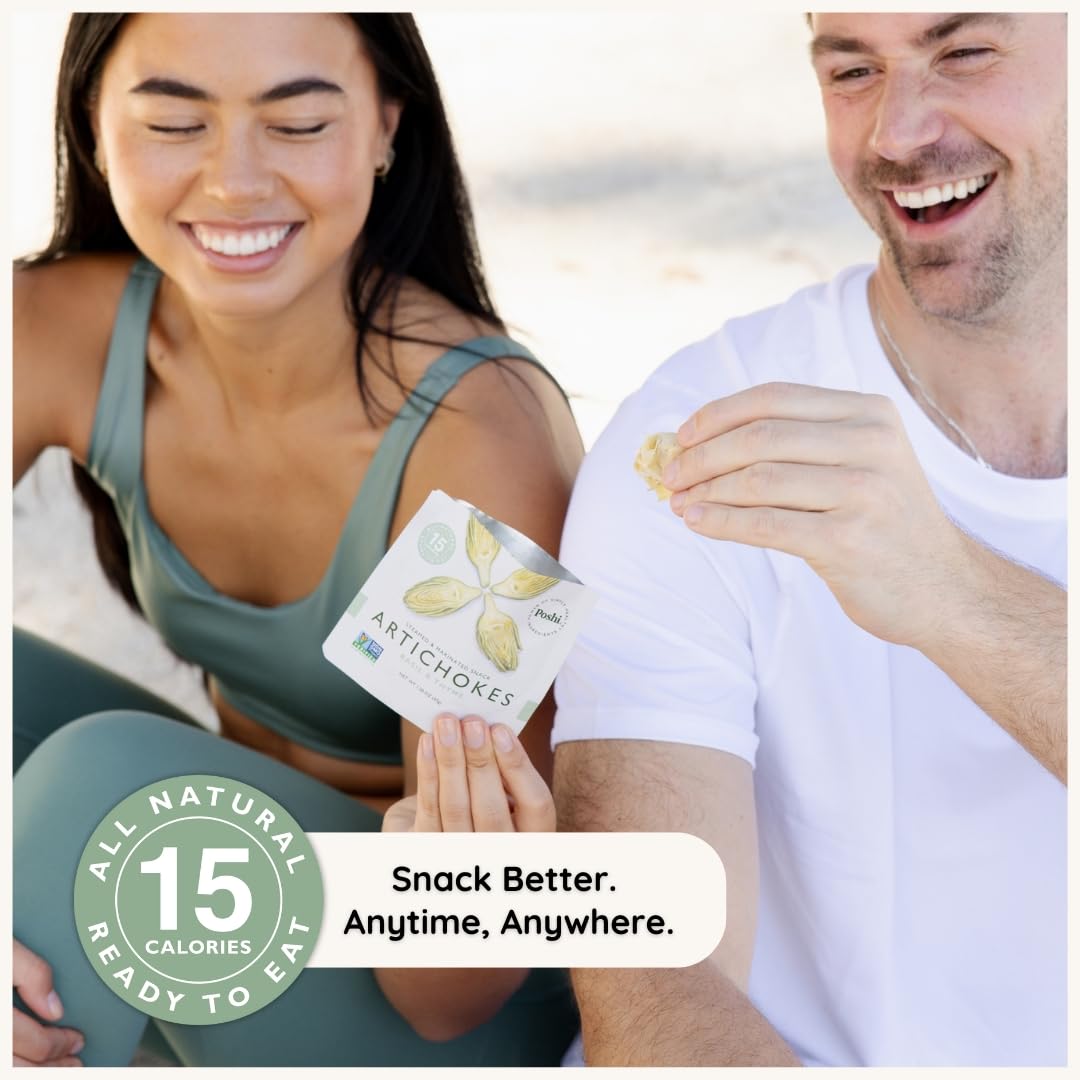 Poshi artichoke hearts pack front, clean ingredients and simple packaging.