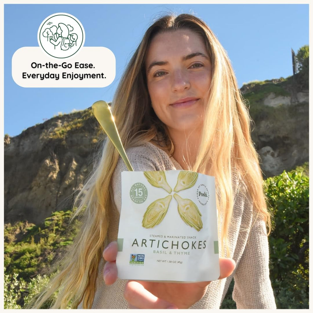 Poshi artichoke hearts ready-to-eat snack, perfect for snacking moments.