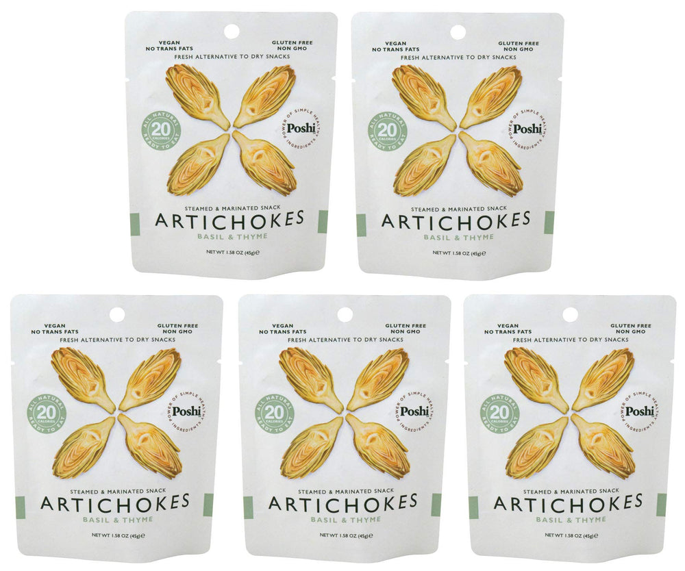 Poshi marinated artichokes 5-pack packaging, gluten-free snack ready to enjoy.