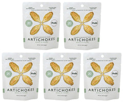 Poshi marinated artichokes 5-pack packaging, gluten-free snack ready to enjoy.