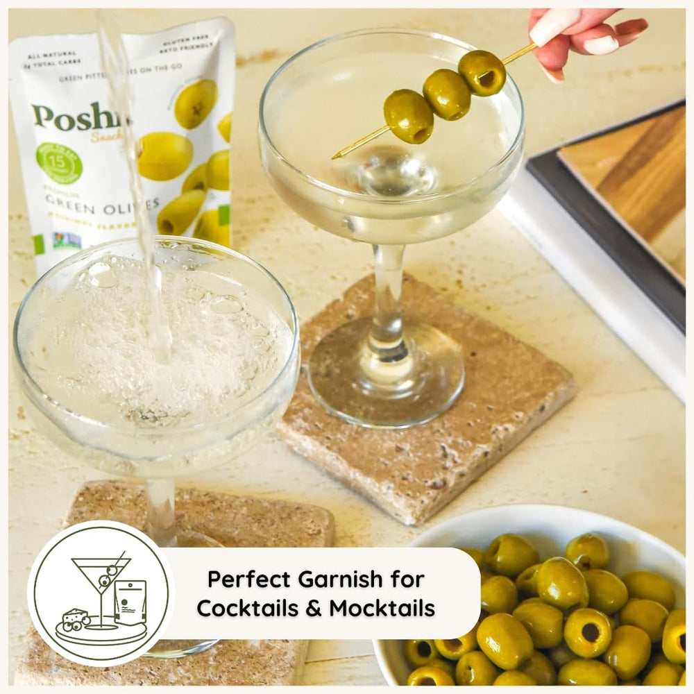 Poshi Green Olives Kosher Gluten-Free option for inclusive snack choices.