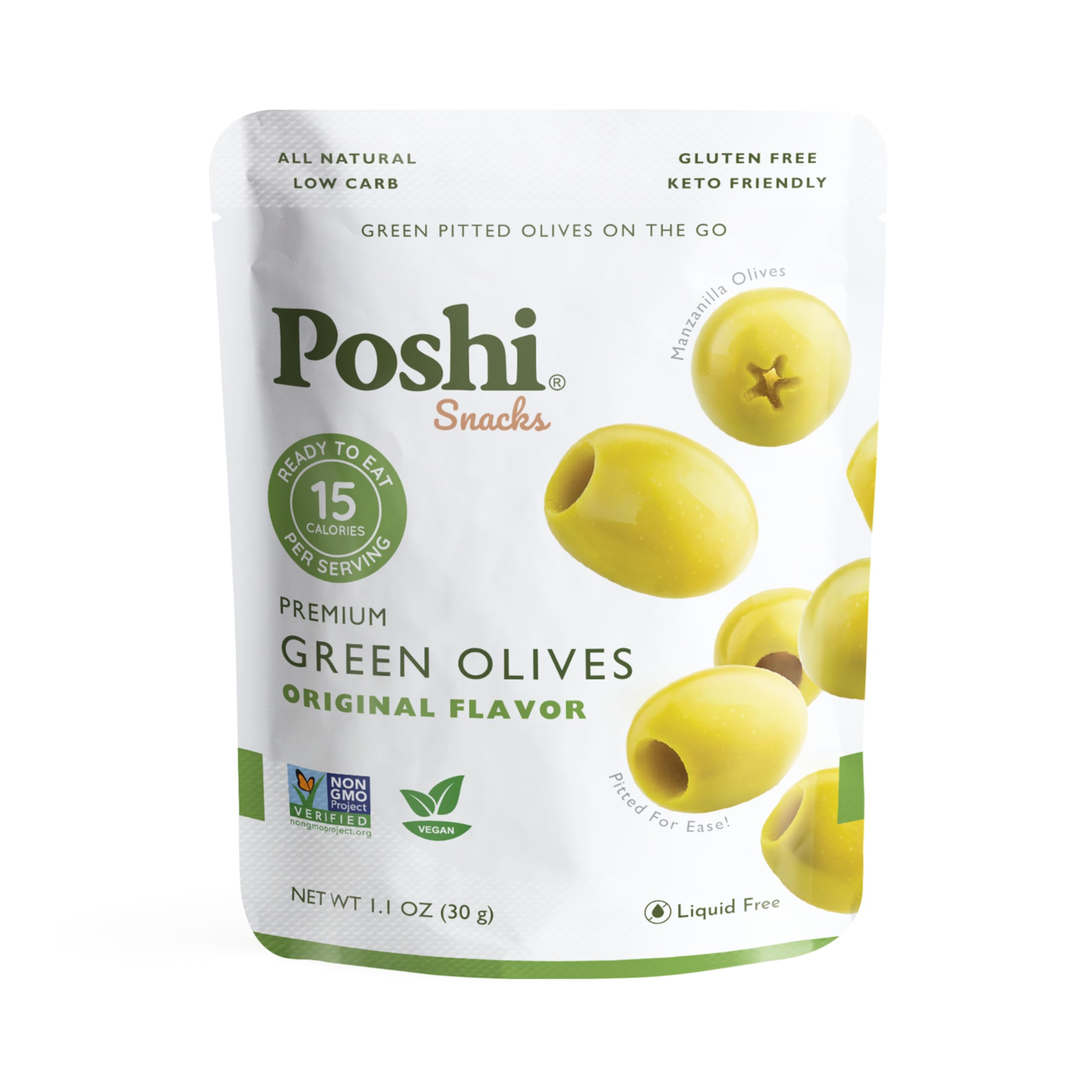 Poshi Green Olives On-The-Go Original pack for a convenient, healthy snack.