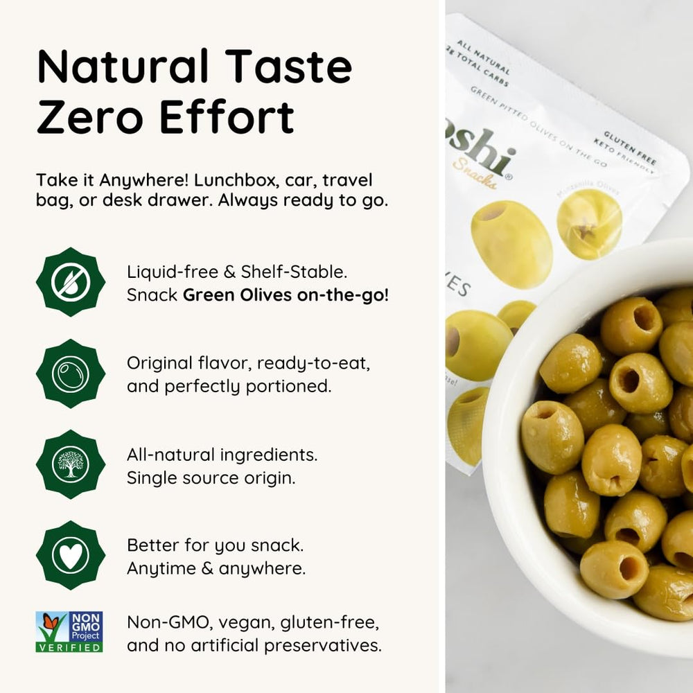 Poshi On-The-Go olives in a pouch, mess-free for anywhere.