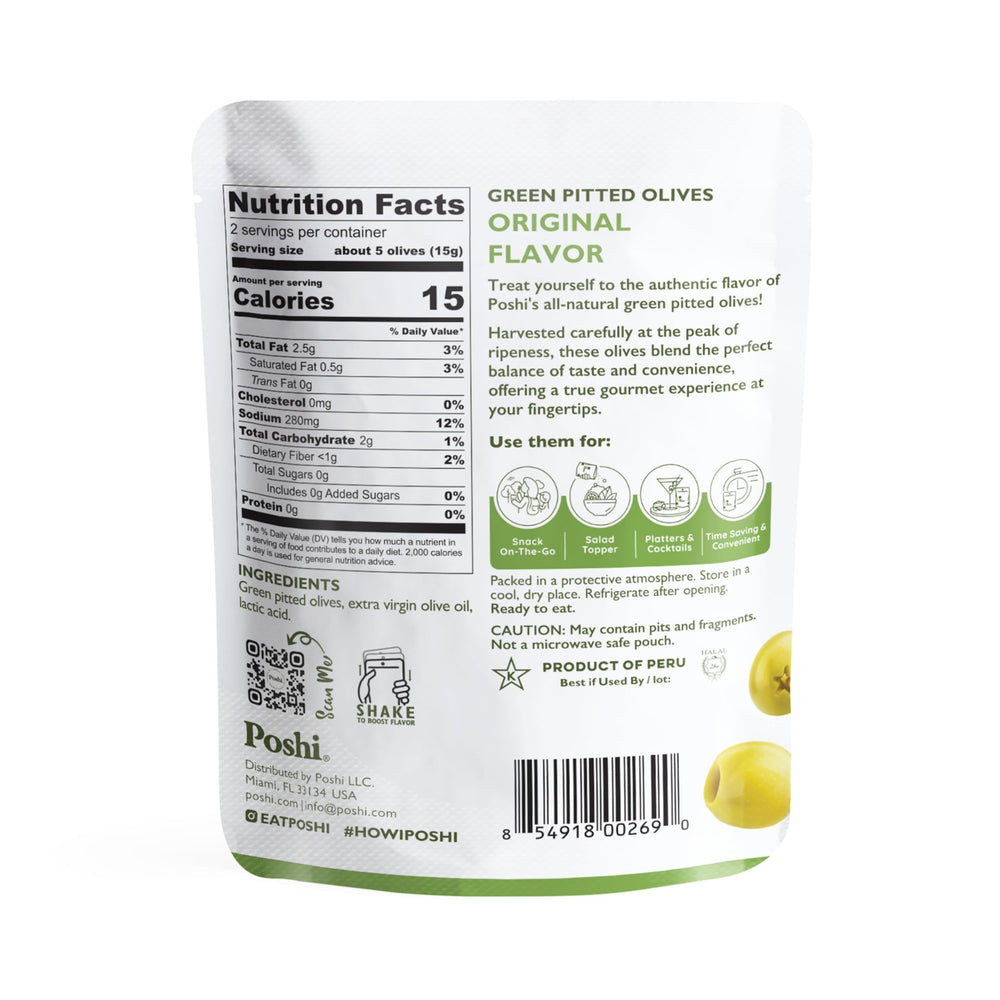 Poshi Green Olives Pitted Snack Pack offering ready-to-eat convenience on busy days.