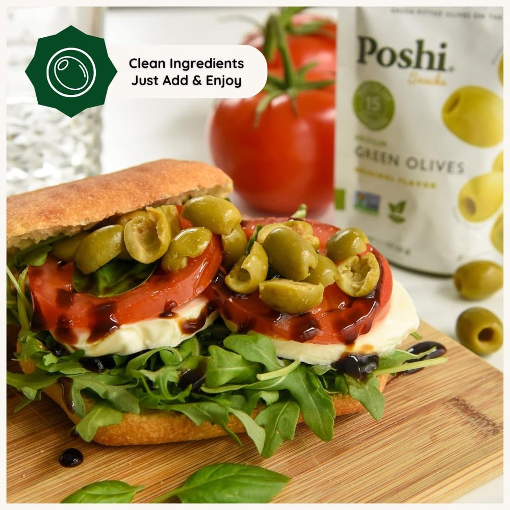 Poshi Green Olives Vegan Non-GMO ingredients support a clean snack.