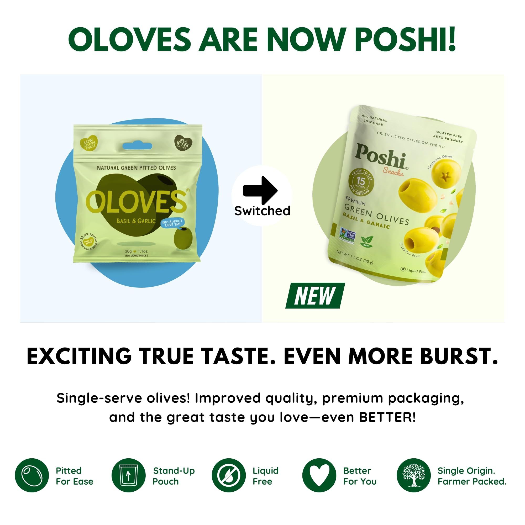 POSHI green pitted olives basil garlic individual bag for convenient snacking.