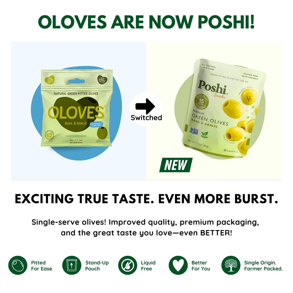 POSHI green pitted olives basil garlic individual bag for convenient snacking.