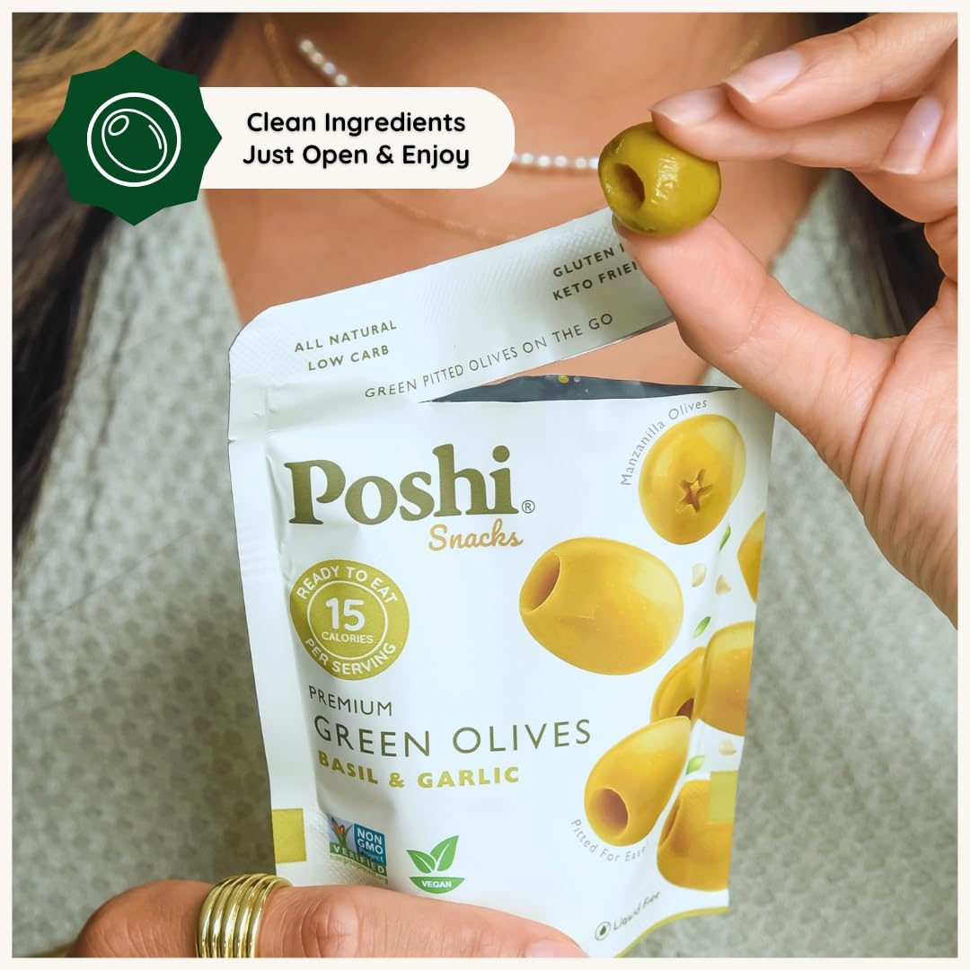 POSHI kitchen-counter setup with olives conveys simple healthy snacking.