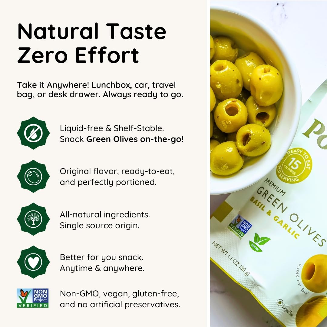 POSHI olives on-the-go pack ideal for quick keto friendly bites.