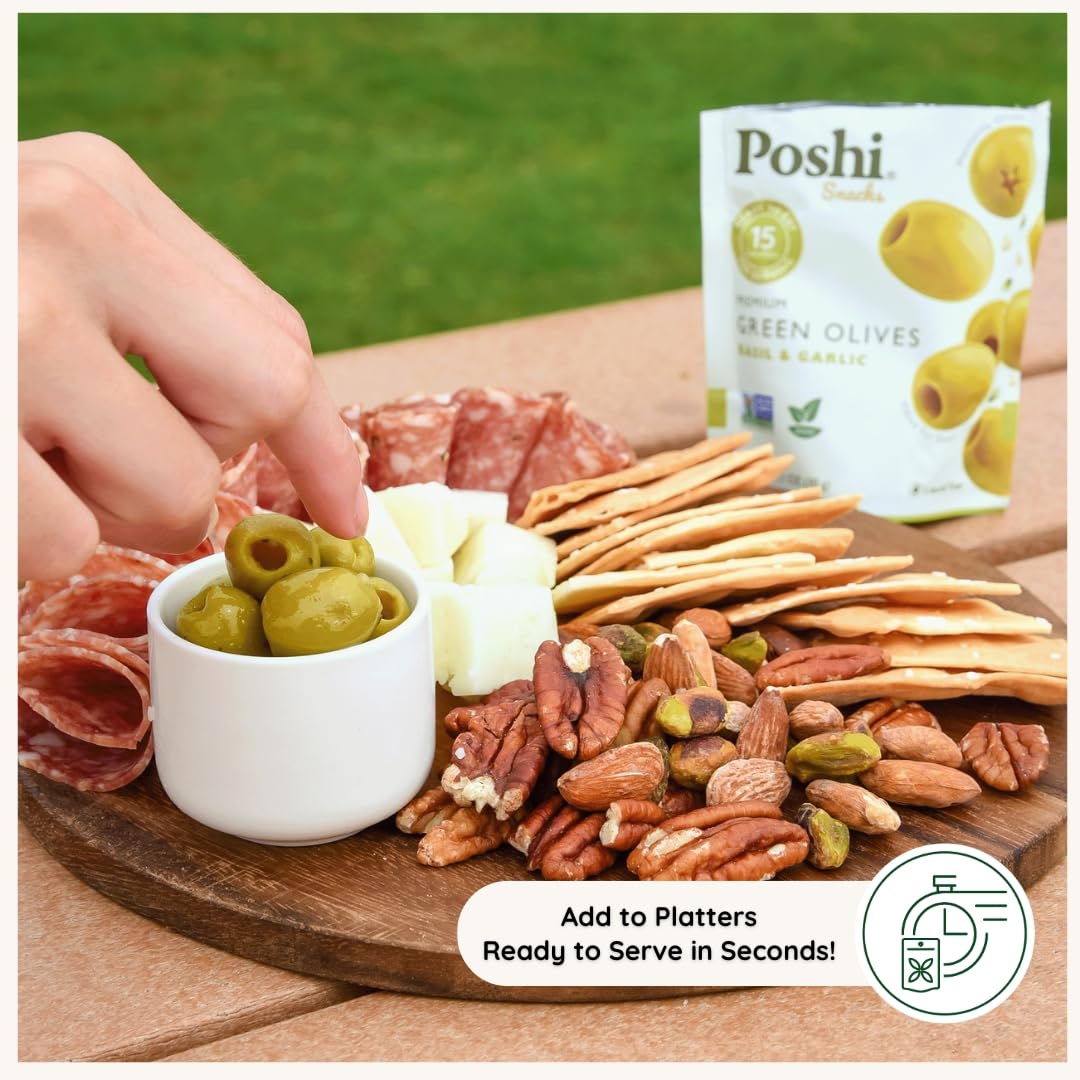 POSHI tasting idea image suggests olive-forward snacks with friends.