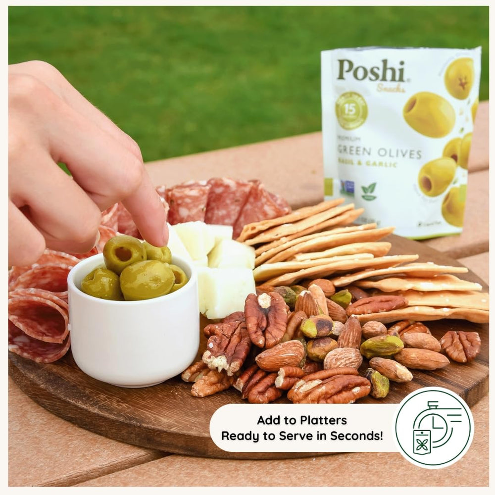POSHI tasting idea image suggests olive-forward snacks with friends.