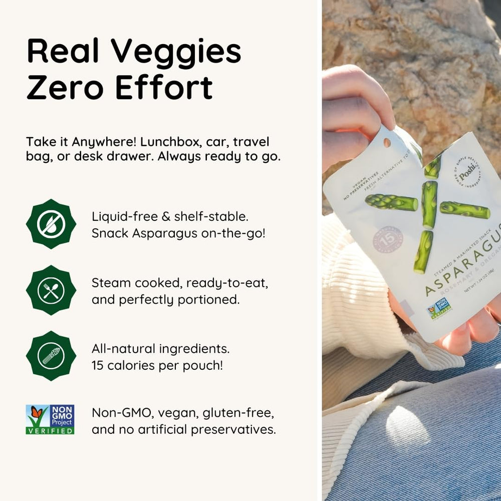 POSHI marinated asparagus snack pack on the go, a low-calorie vegan option.